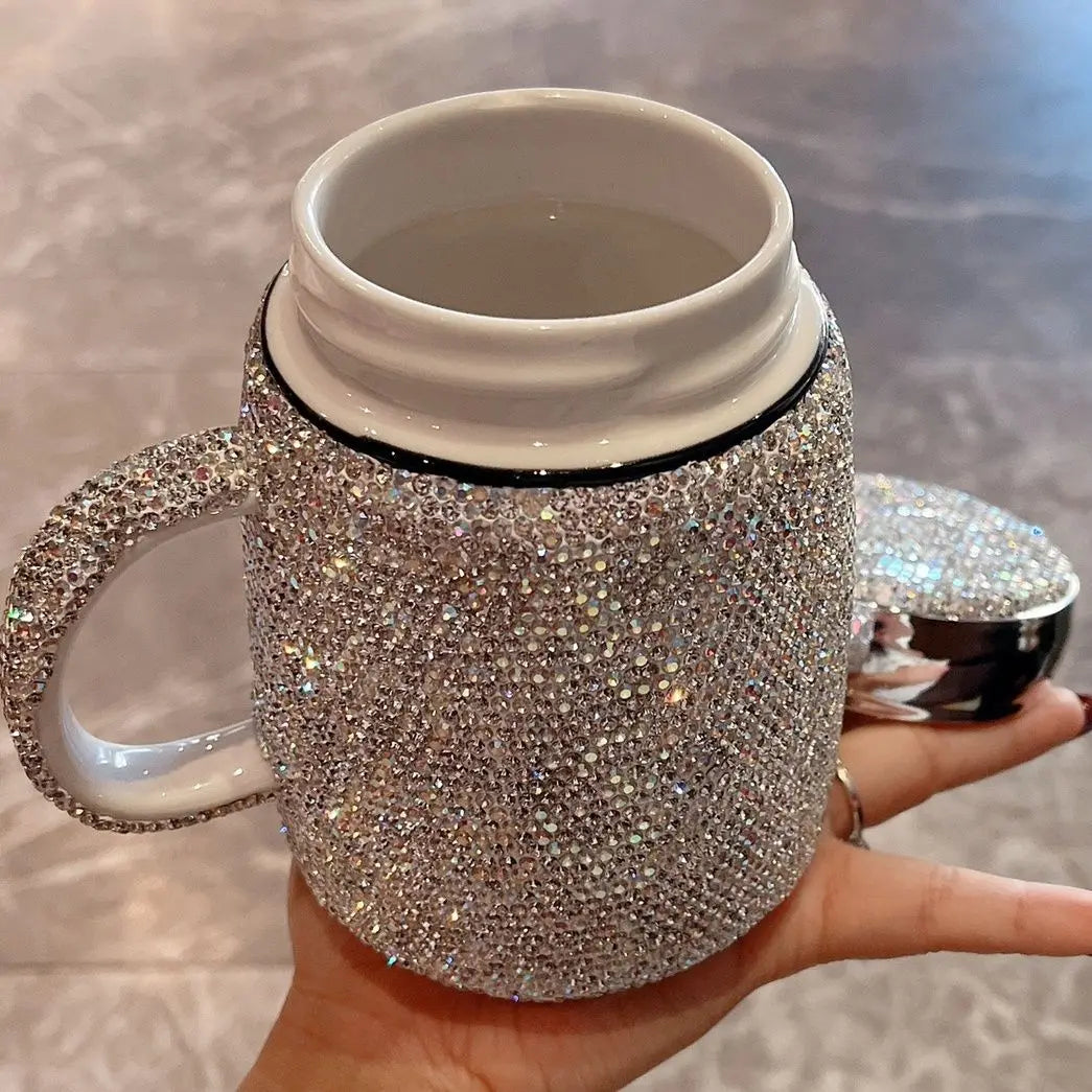 SCAONORCH Sparkling Rhinestones Coffee Mug Cup with Lid with Handle Bling Diamond Ceramic Tea Cup Tumbler Water Bottle Gifts
