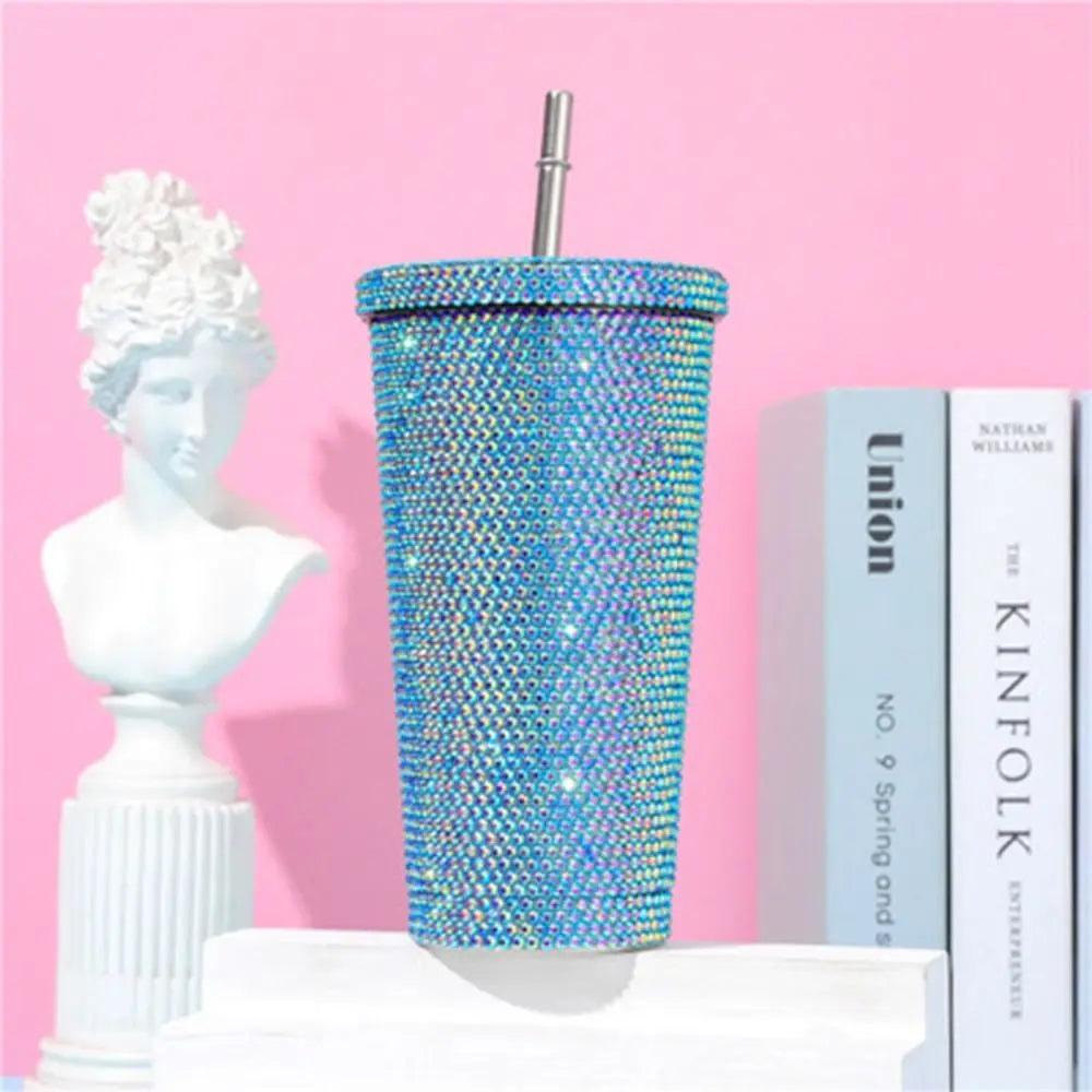 500ml/750ml Rhinestone Thermos Bottles Insulated Shining Glitter Coffee Cup with Lid Straw Creative Stainless Steel Water Bottle