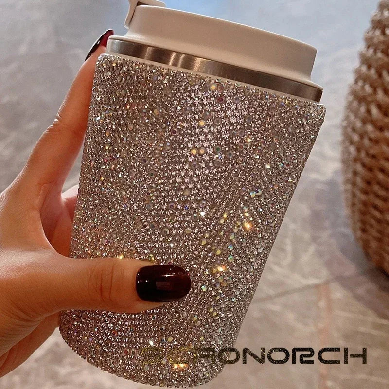 Sparkling Stainless Steel Insulated Crystal Tumbler Coffee Cups Mug Travel Thermal Water Bottle Car Thermos Bottle Vacuum Flask