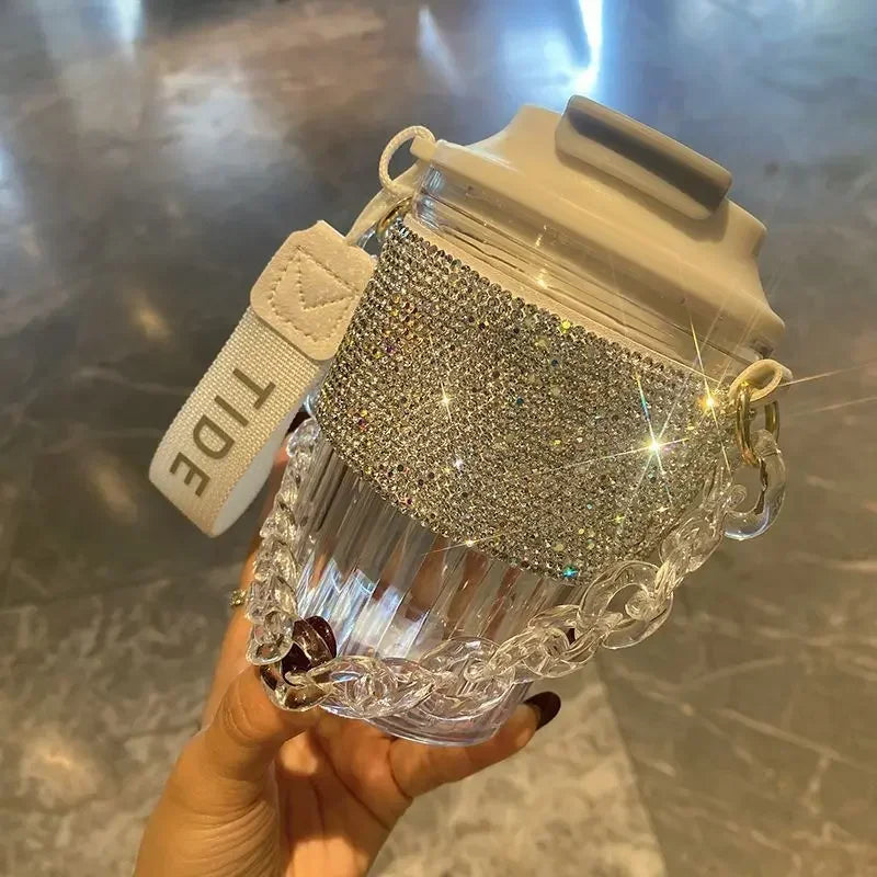 BlingBling Water Bottle 450ML Luxury Rhinestone Chain Bar Handheld Direct Drinking Coffee Mug Home Plastic Juice Beverage Cup