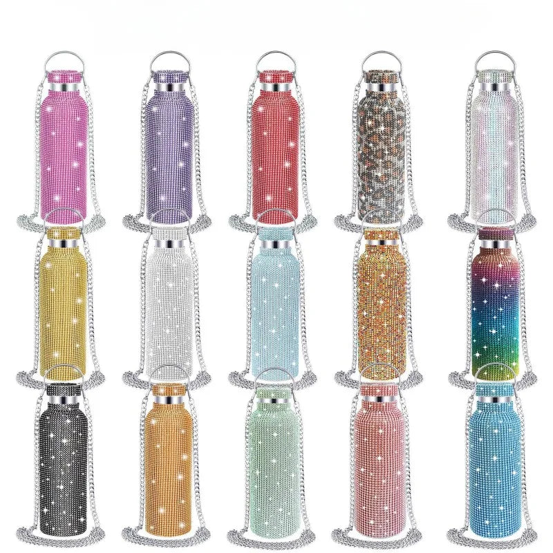 Diamond Studded Stainless Steel Insulated Shiny Insulated Water Bottle Fashion Party Detachable Crossbody Chain Women Gift