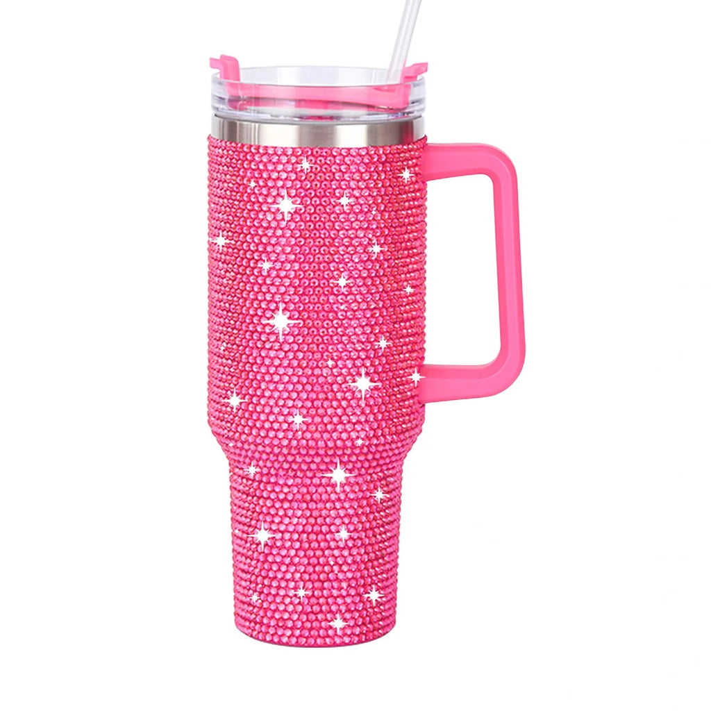 Iridescent White Bling Rhinestone Tumbler with Handle & Straw Vacuum Insulated Stainless Steel Water Cup for Women Travel Gift