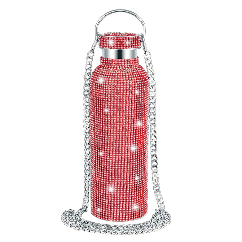 Diamond Studded Stainless Steel Insulated Shiny Insulated Water Bottle Fashion Party Detachable Crossbody Chain Women Gift