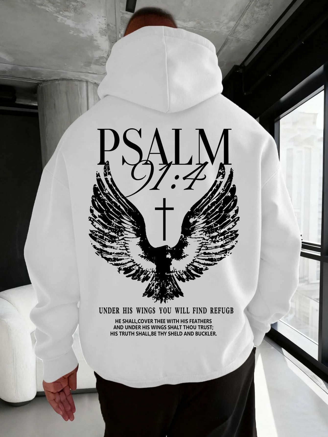 Christian Bible Verse Psalm 91:4 Print Men Women Hooded Sweatshirt Autumn Winter Outdoor Vacation Casual Loose Warm Sportswear