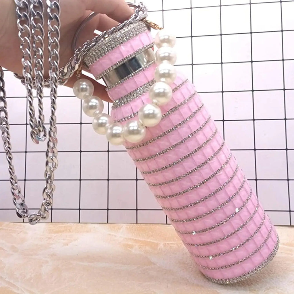 Bling Rhinestone Insulated Thermos Water Bottle with Chain Stainless Steel Vacuum Insulated Bottle Flask Portable Tumbler
