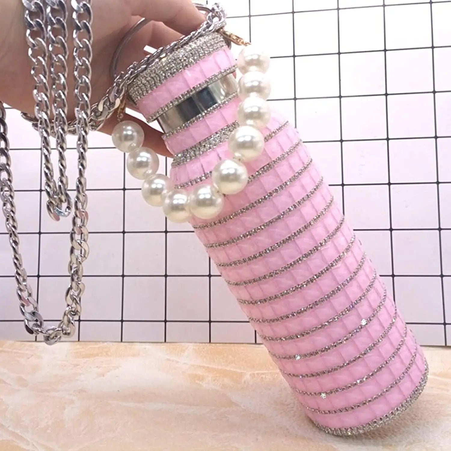 Bling Rhinestone Insulated Thermos Water Bottle with Chain Stainless Steel Vacuum Insulated Bottle Flask Portable Tumbler