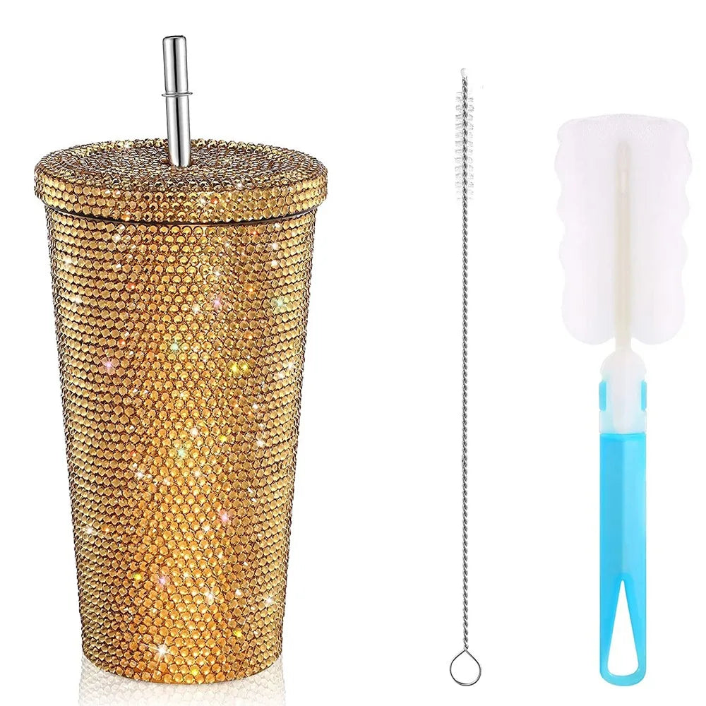 500ml/750ml Rhinestone Thermos Bottles Insulated Shining Glitter Coffee Cup with Lid Straw Creative Stainless Steel Water Bottle