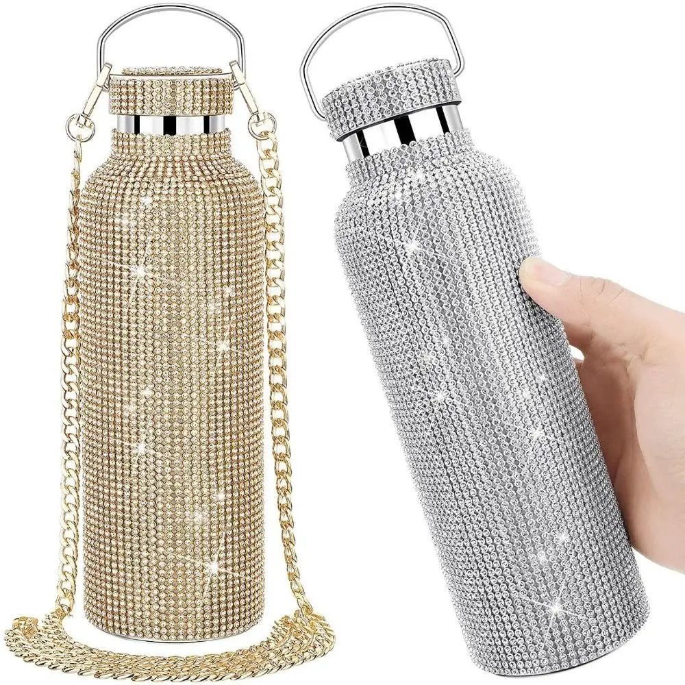 Thermal Rhinestone Water Bottle Stainless Steel Chain Bling Cups Removable Carrying Strap Refillable Glitter Tumbler Travel