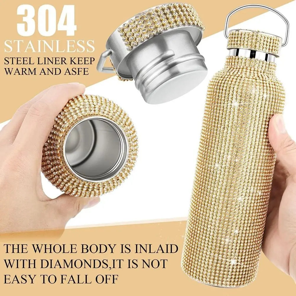 Thermal Rhinestone Water Bottle Stainless Steel Chain Bling Cups Removable Carrying Strap Refillable Glitter Tumbler Travel