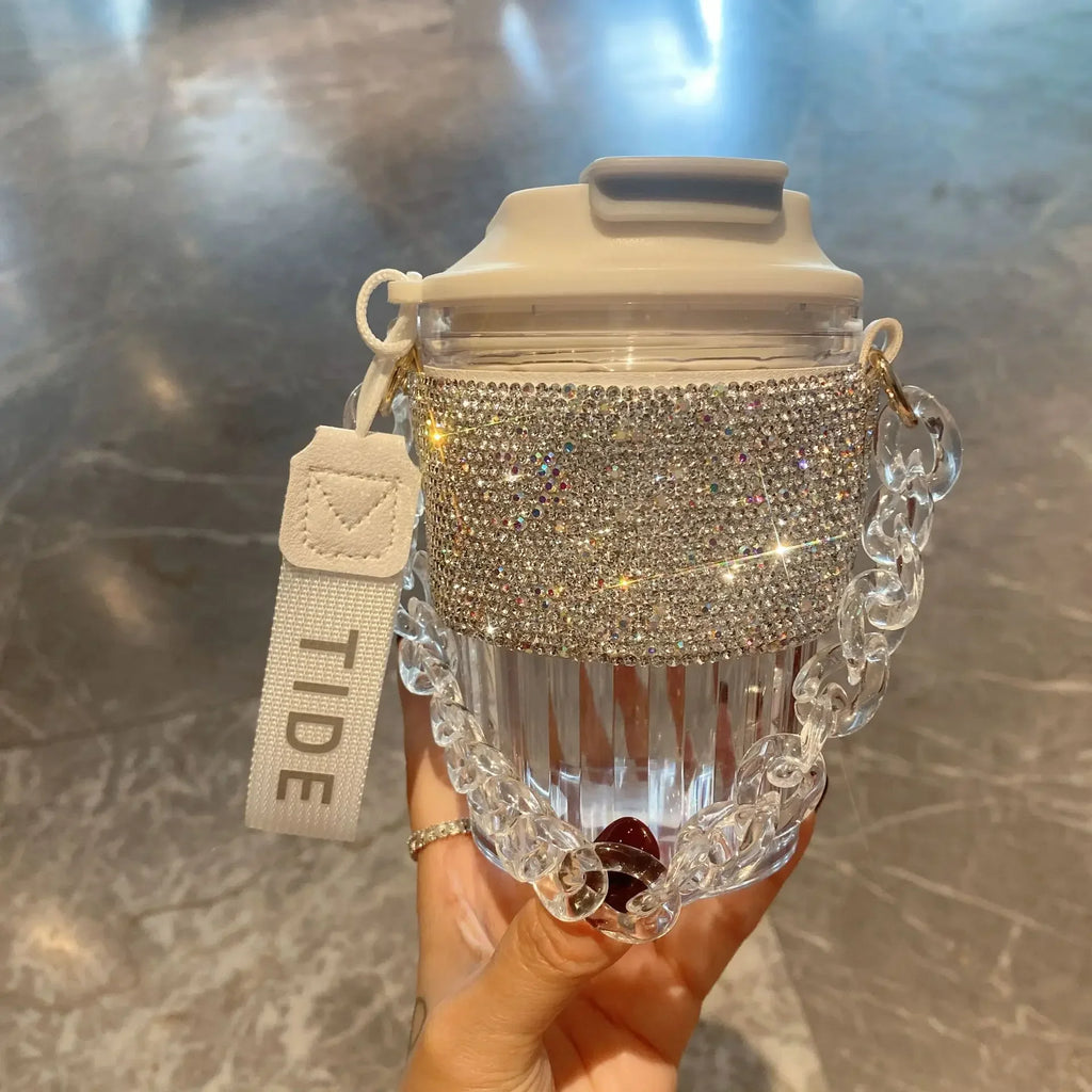 BlingBling Water Bottle 450ML Luxury Rhinestone Chain Bar Handheld Direct Drinking Coffee Mug Home Plastic Juice Beverage Cup