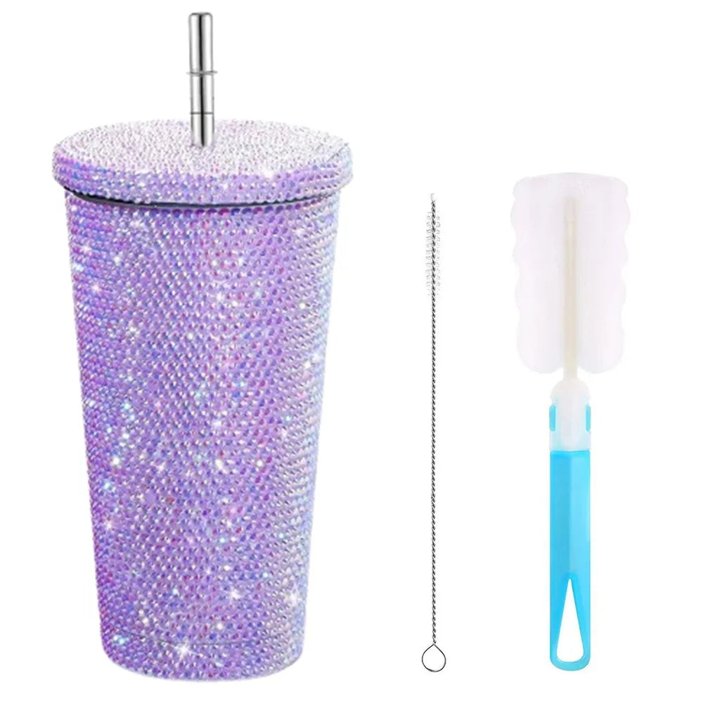 500ml/750ml Rhinestone Thermos Bottles Insulated Shining Glitter Coffee Cup with Lid Straw Creative Stainless Steel Water Bottle