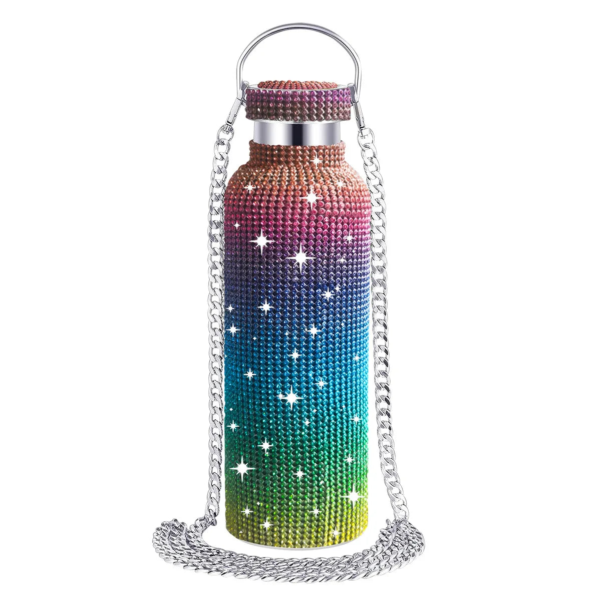 Thermal Rhinestone Water Bottle Stainless Steel Chain Bling Cups Removable Carrying Strap Refillable Glitter Tumbler Travel
