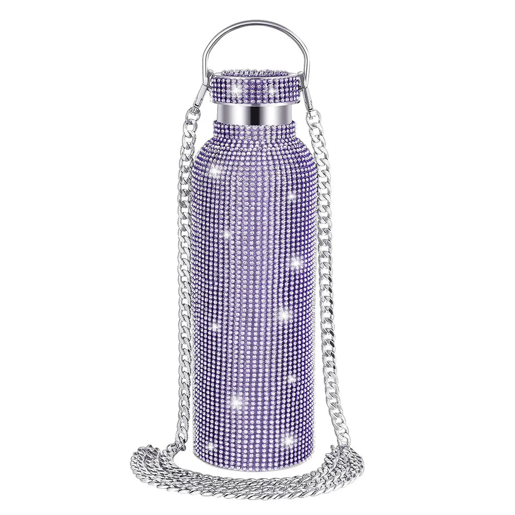 Diamond Studded Stainless Steel Insulated Shiny Insulated Water Bottle Fashion Party Detachable Crossbody Chain Women Gift