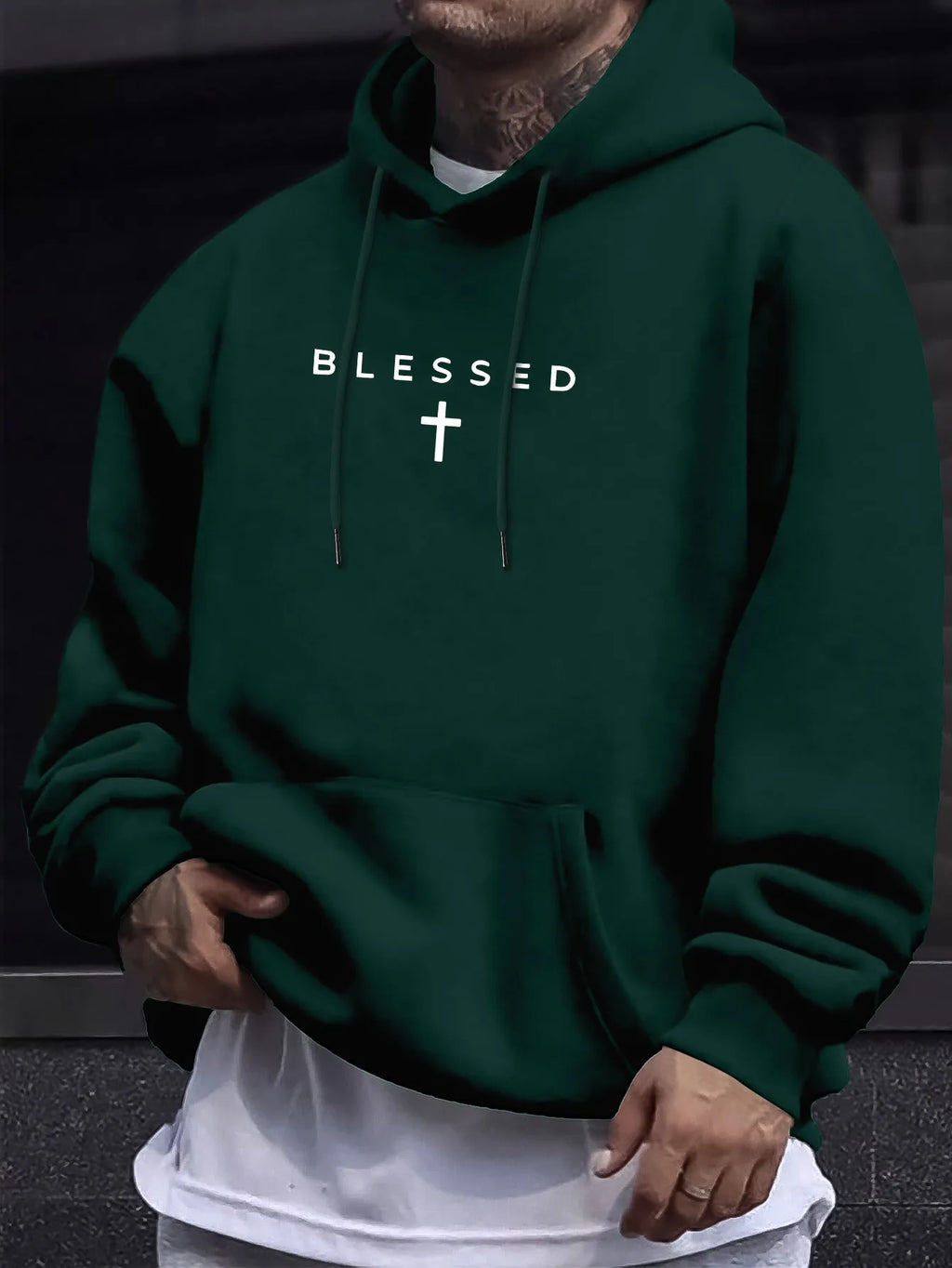 A men's casual hooded sweater with blessing cross design and geometric patterns in a regular fit suitable for spring and autumn