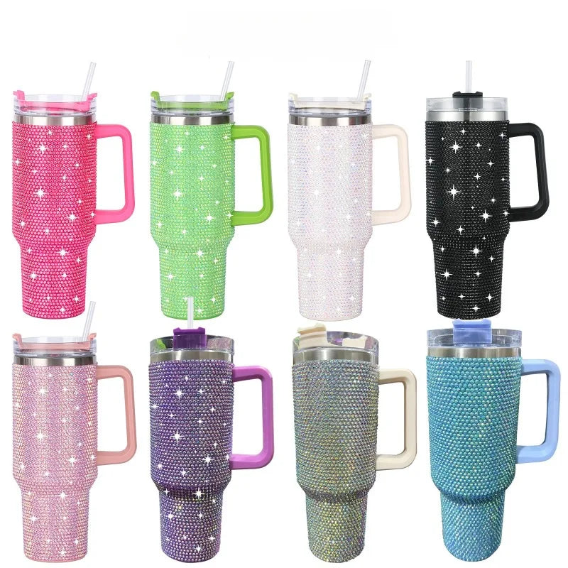Iridescent White Bling Rhinestone Tumbler with Handle & Straw Vacuum Insulated Stainless Steel Water Cup for Women Travel Gift