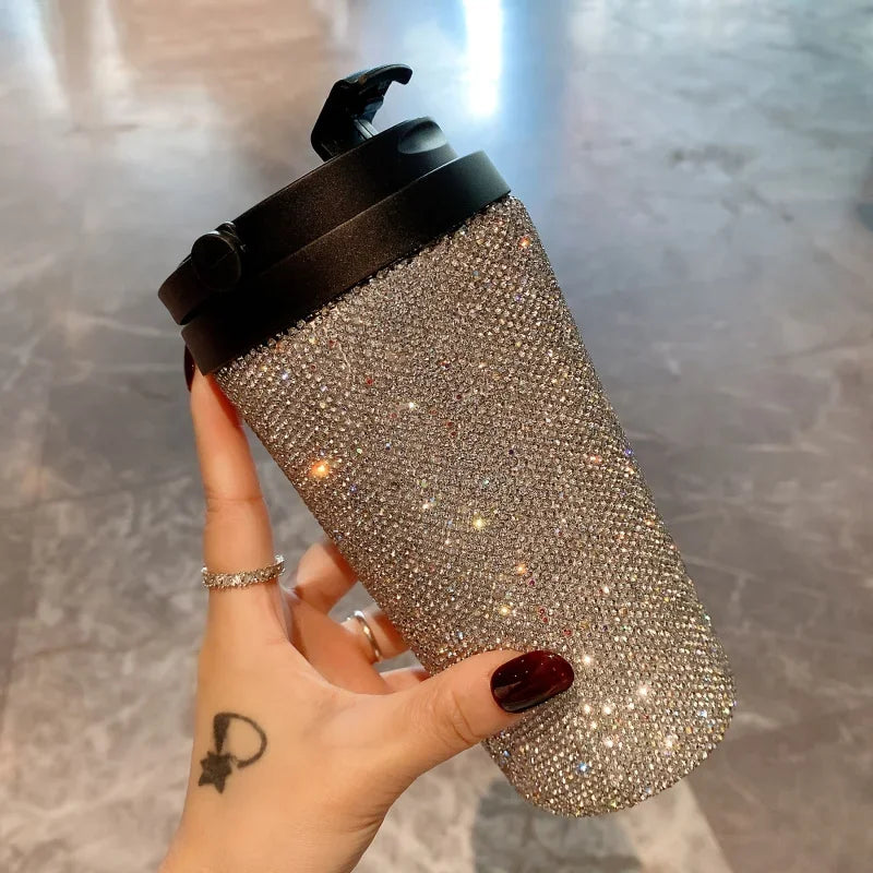 12oz Luxury Rhinestone Tumbler Stainless Steel Thermal Water Bottle Insulated Coffee Mug With Handle Reusable Vacuum Thermal Cup