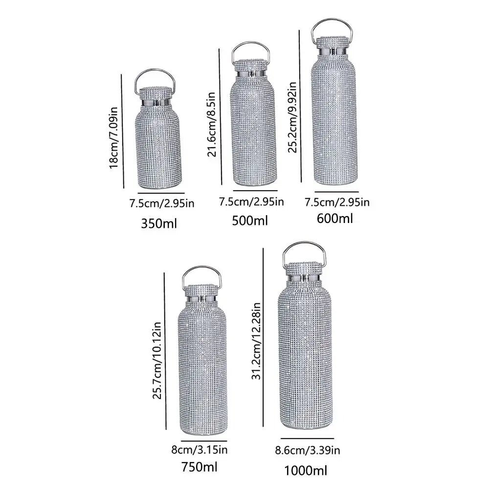 Thermal Rhinestone Water Bottle Stainless Steel Chain Bling Cups Removable Carrying Strap Refillable Glitter Tumbler Travel