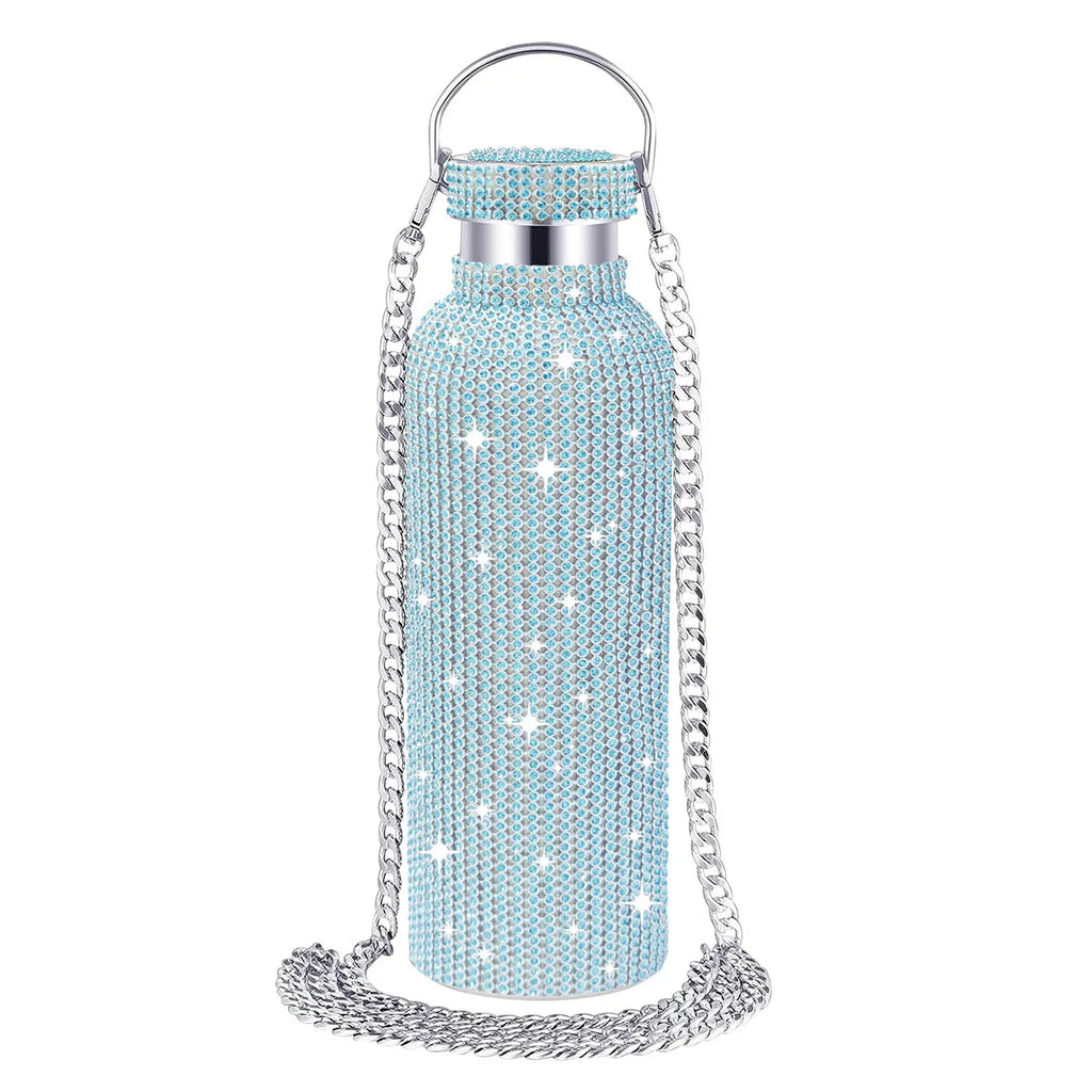 Diamond Studded Stainless Steel Insulated Shiny Insulated Water Bottle Fashion Party Detachable Crossbody Chain Women Gift