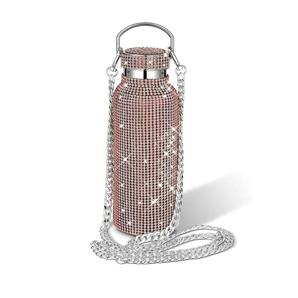 Thermal Rhinestone Water Bottle Stainless Steel Chain Bling Cups Removable Carrying Strap Refillable Glitter Tumbler Travel