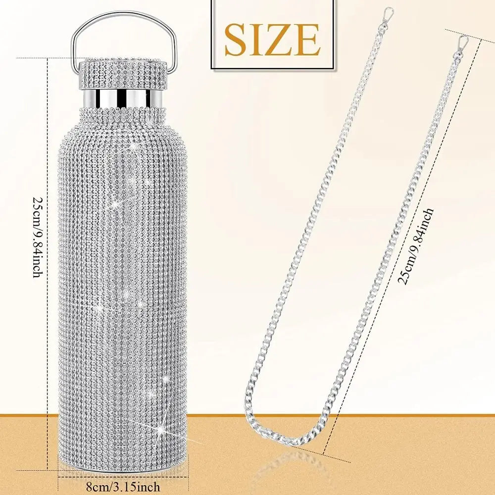 Thermal Rhinestone Water Bottle Stainless Steel Chain Bling Cups Removable Carrying Strap Refillable Glitter Tumbler Travel