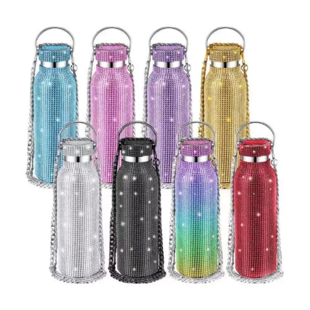 Thermal Rhinestone Water Bottle Stainless Steel Chain Bling Cups Removable Carrying Strap Refillable Glitter Tumbler Travel
