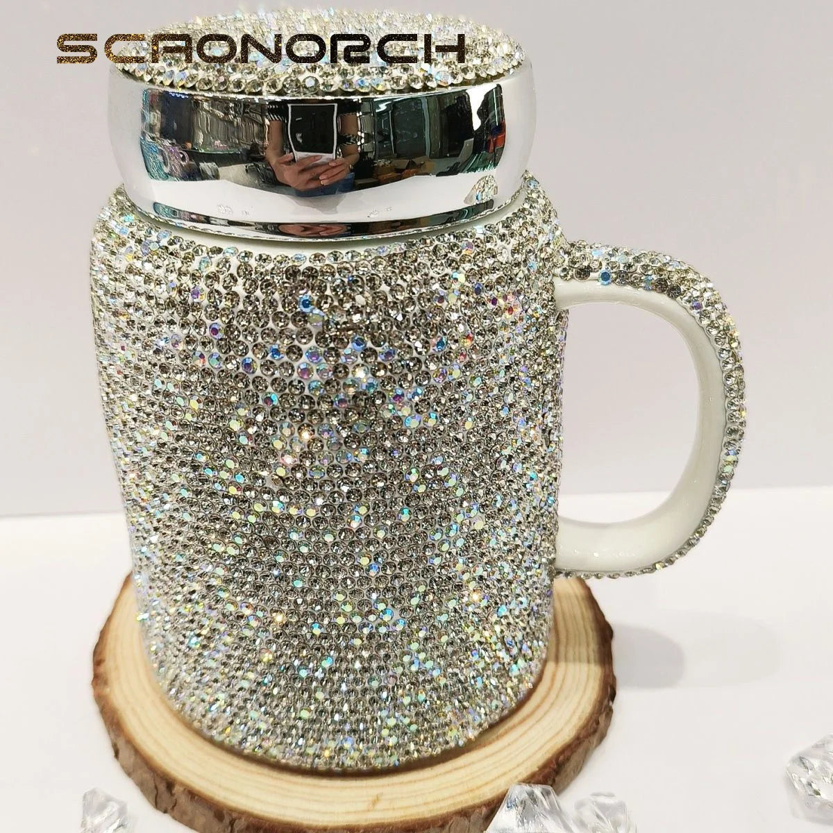 SCAONORCH Sparkling Rhinestones Coffee Mug Cup with Lid with Handle Bling Diamond Ceramic Tea Cup Tumbler Water Bottle Gifts
