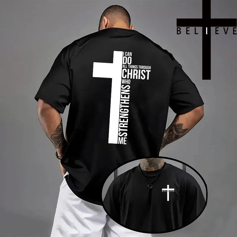 Spring Summer Daily Casual Fashion Jesus Cross Cotton Tees Christ Print T-shirt Men High Quality Pure Color Short Sleeve Top