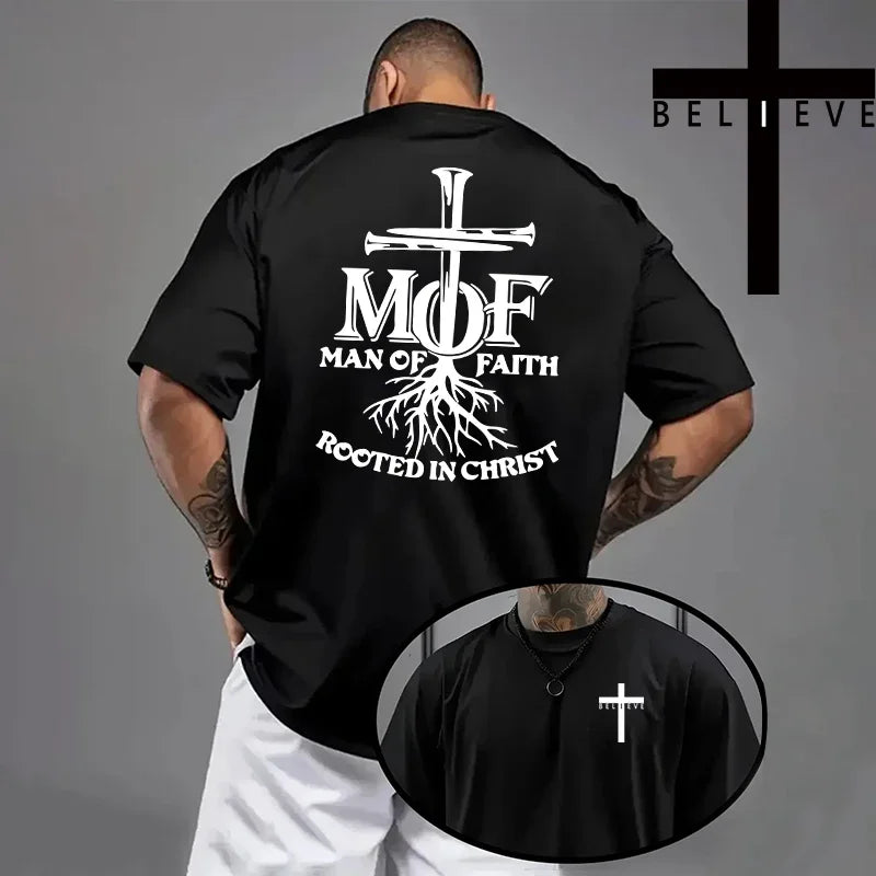 Spring Summer Daily Casual Fashion Jesus Cross Cotton Tees Christ Print T-shirt Men High Quality Pure Color Short Sleeve Top