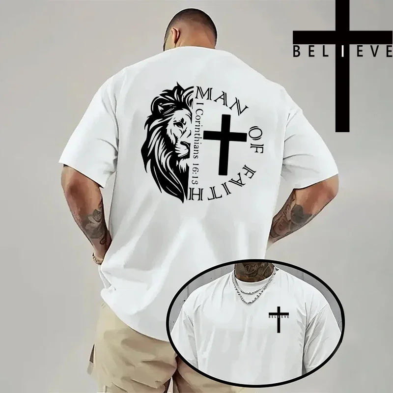 Spring Summer Daily Casual Fashion Jesus Cross Cotton Tees Christ Print T-shirt Men High Quality Pure Color Short Sleeve Top