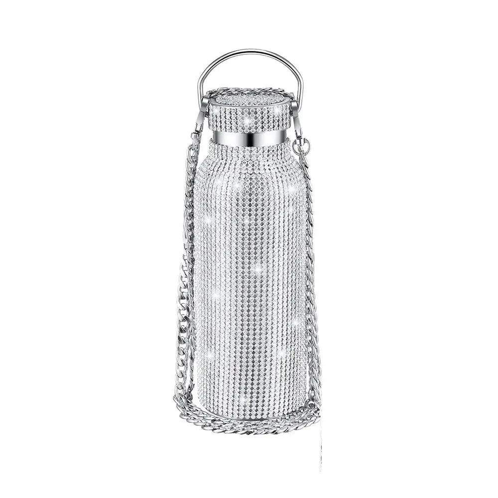 Thermal Rhinestone Water Bottle Stainless Steel Chain Bling Cups Removable Carrying Strap Refillable Glitter Tumbler Travel