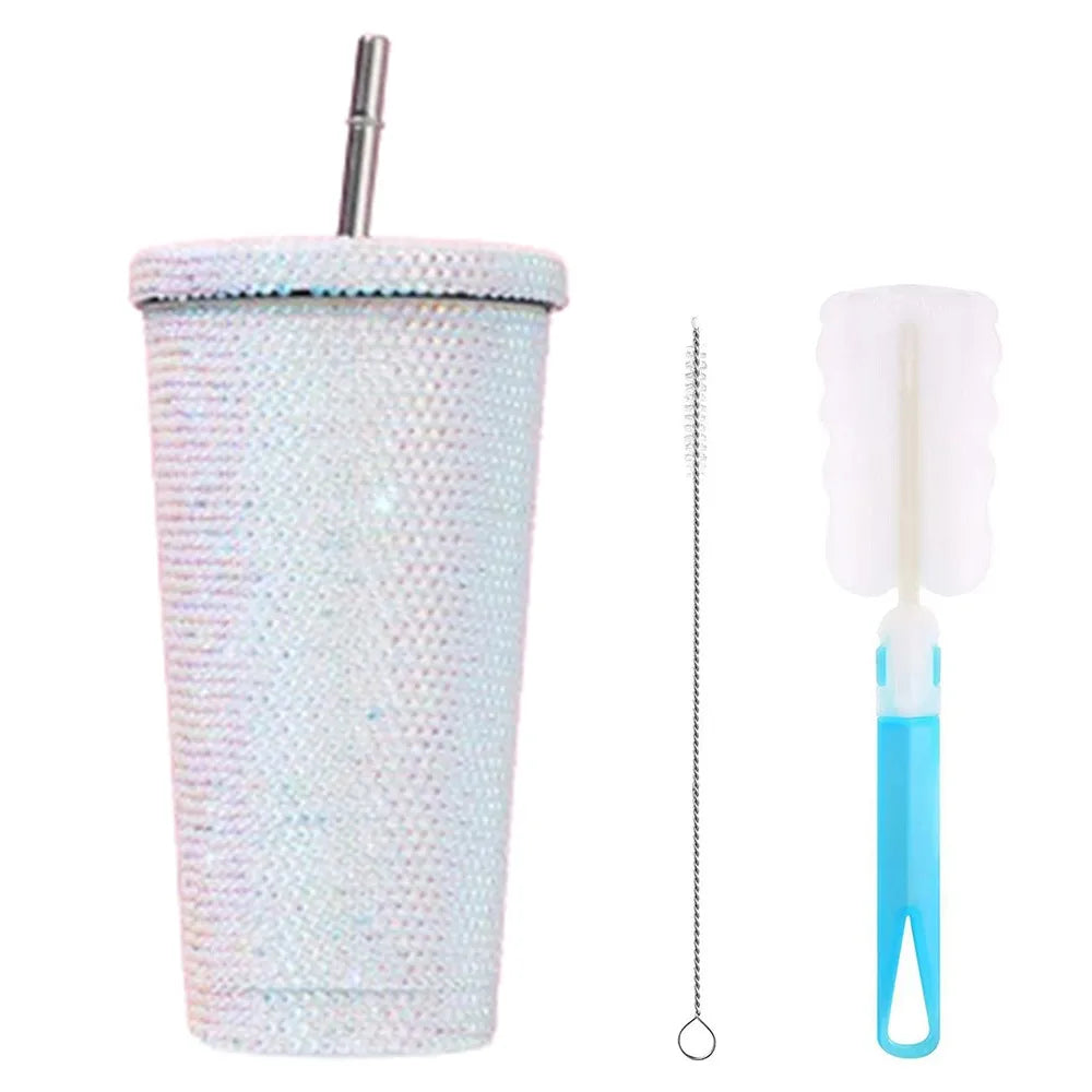 500ml/750ml Rhinestone Thermos Bottles Insulated Shining Glitter Coffee Cup with Lid Straw Creative Stainless Steel Water Bottle