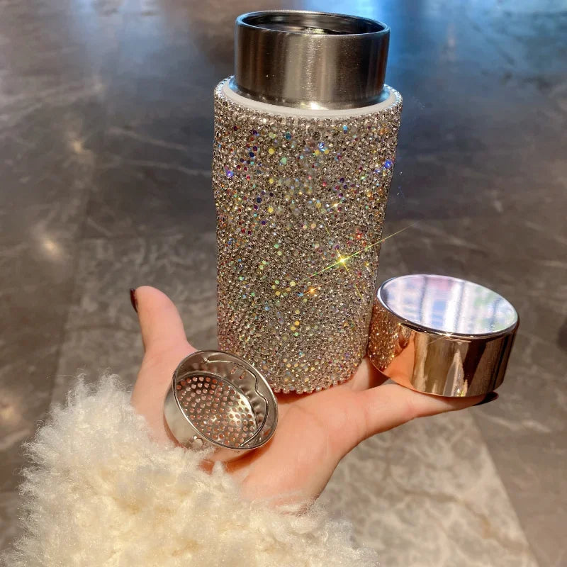 Bling Portable Thermos Cup with Tea Infuser Rhinestone Tumbler Crystal Gift Car Coffee Mug Mini Stainless Steel Water Bottles