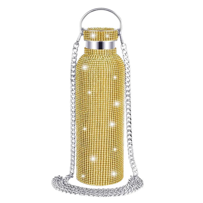 Diamond Studded Stainless Steel Insulated Shiny Insulated Water Bottle Fashion Party Detachable Crossbody Chain Women Gift