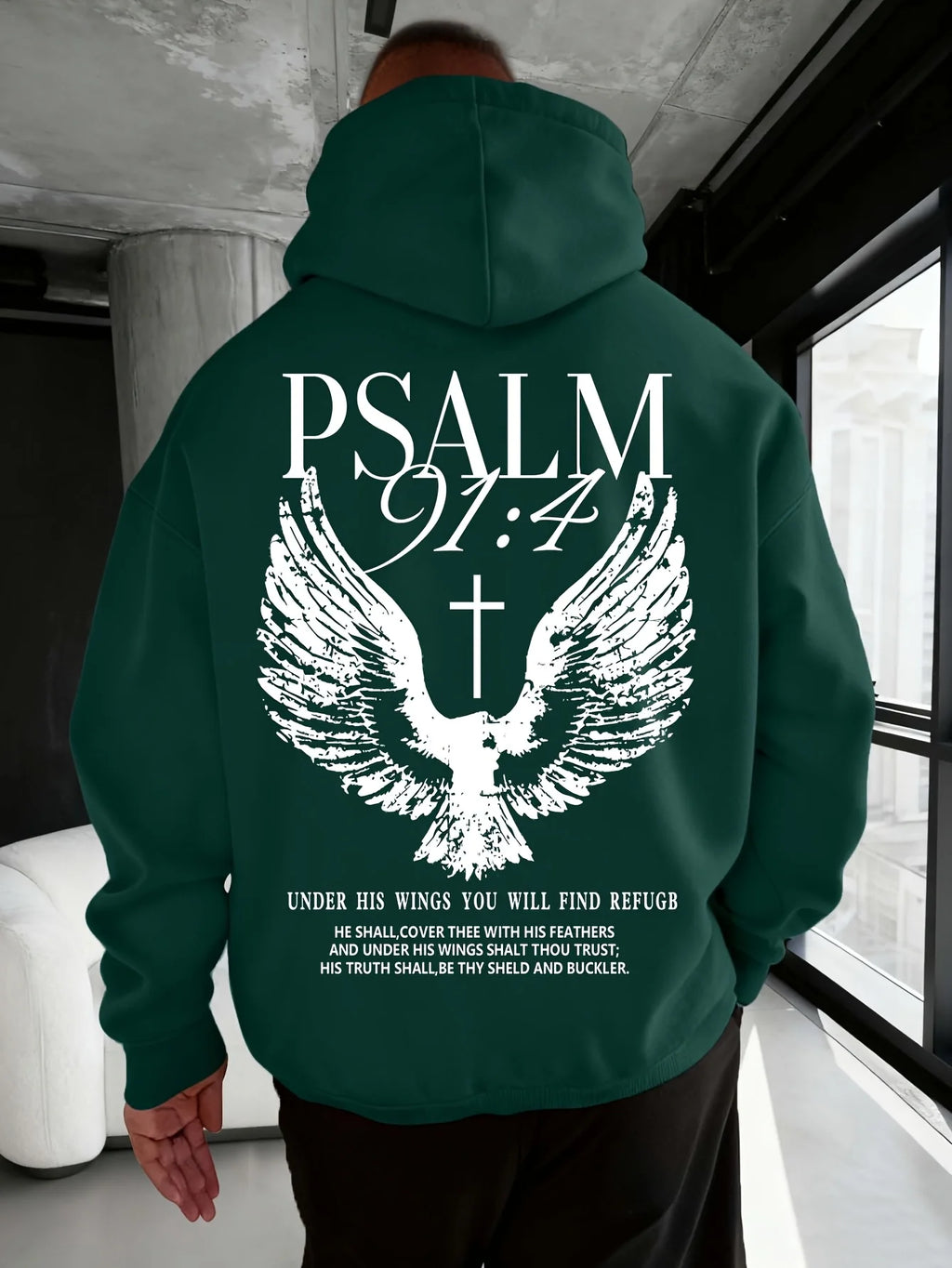 Christian Bible Verse Psalm 91:4 Print Men Women Hooded Sweatshirt Autumn Winter Outdoor Vacation Casual Loose Warm Sportswear