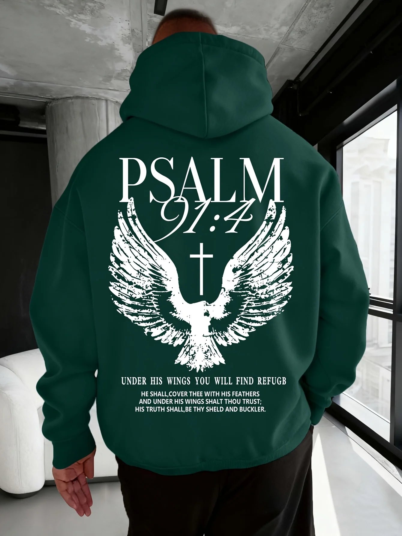 Christian Bible Verse Psalm 91:4 Print Men Women Hooded Sweatshirt Autumn Winter Outdoor Vacation Casual Loose Warm Sportswear