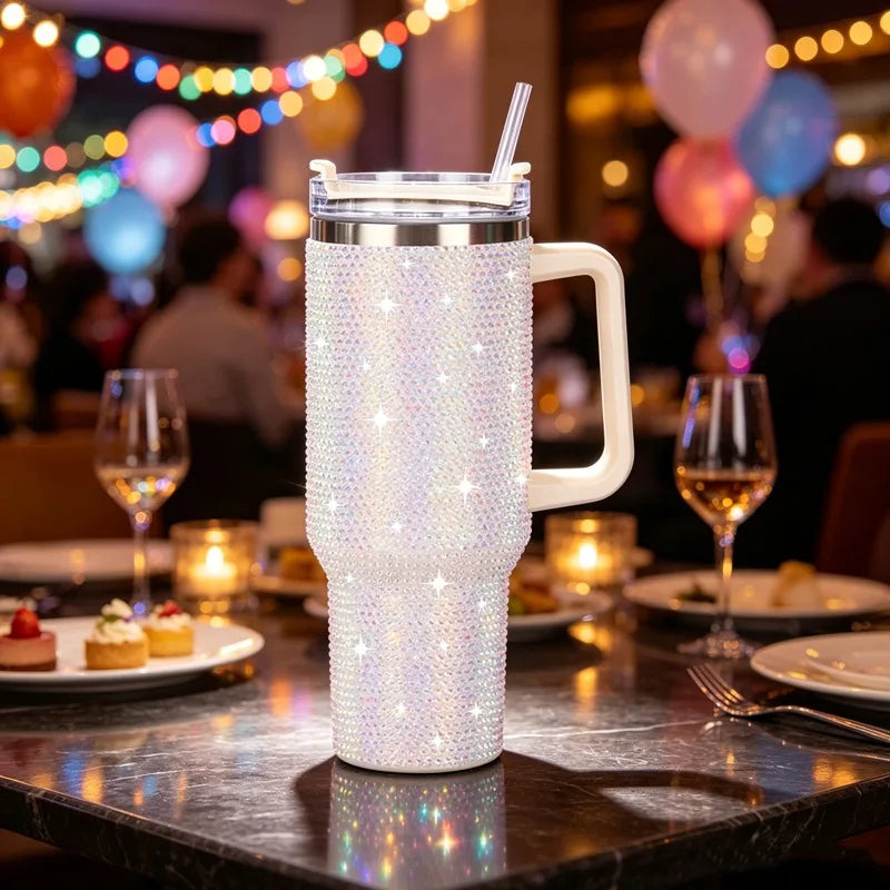 Iridescent White Bling Rhinestone Tumbler with Handle & Straw Vacuum Insulated Stainless Steel Water Cup for Women Travel Gift