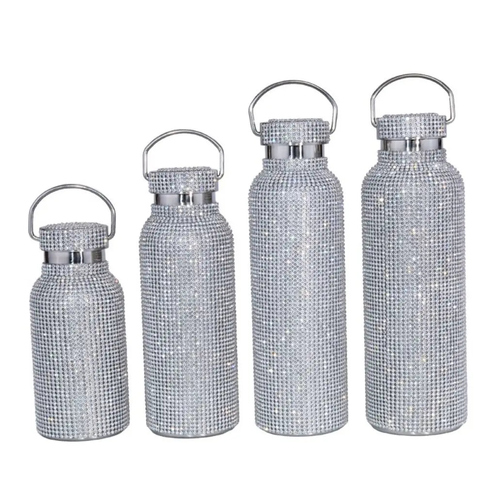 Thermal Rhinestone Water Bottle Stainless Steel Chain Bling Cups Removable Carrying Strap Refillable Glitter Tumbler Travel