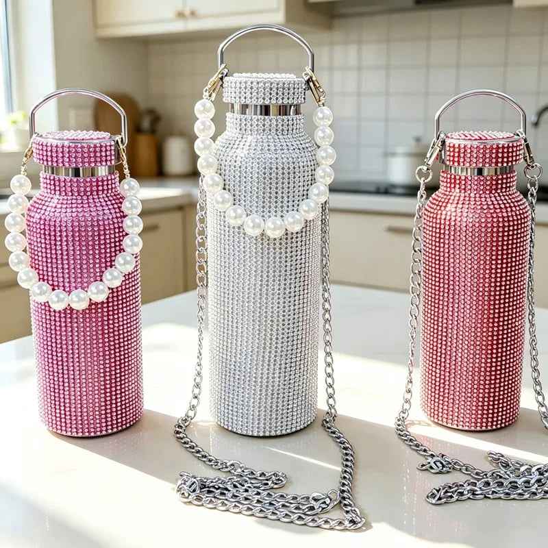 Diamond Studded Stainless Steel Insulated Shiny Insulated Water Bottle Fashion Party Detachable Crossbody Chain Women Gift