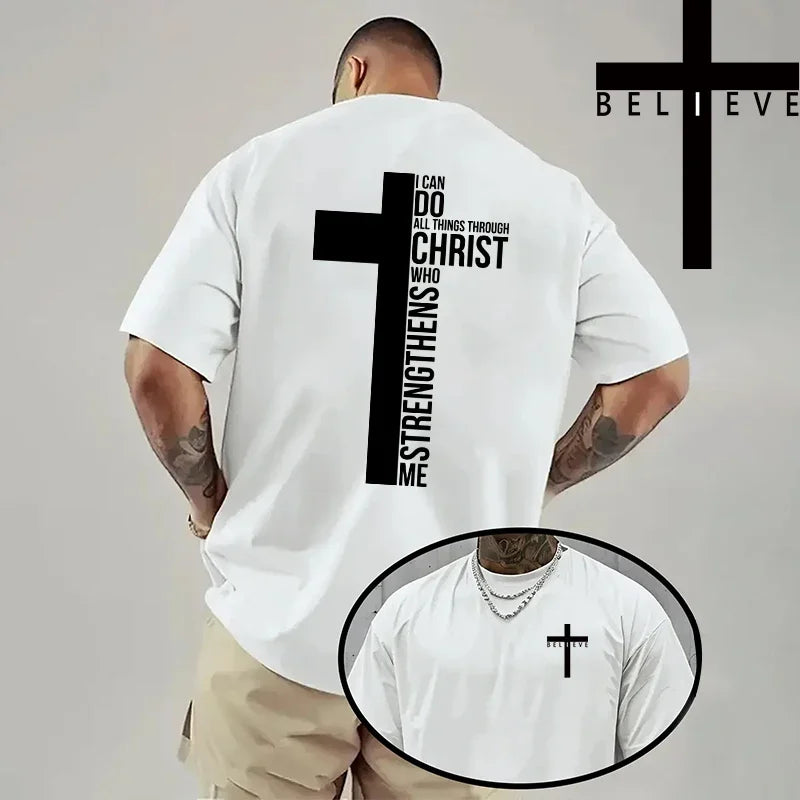 Spring Summer Daily Casual Fashion Jesus Cross Cotton Tees Christ Print T-shirt Men High Quality Pure Color Short Sleeve Top