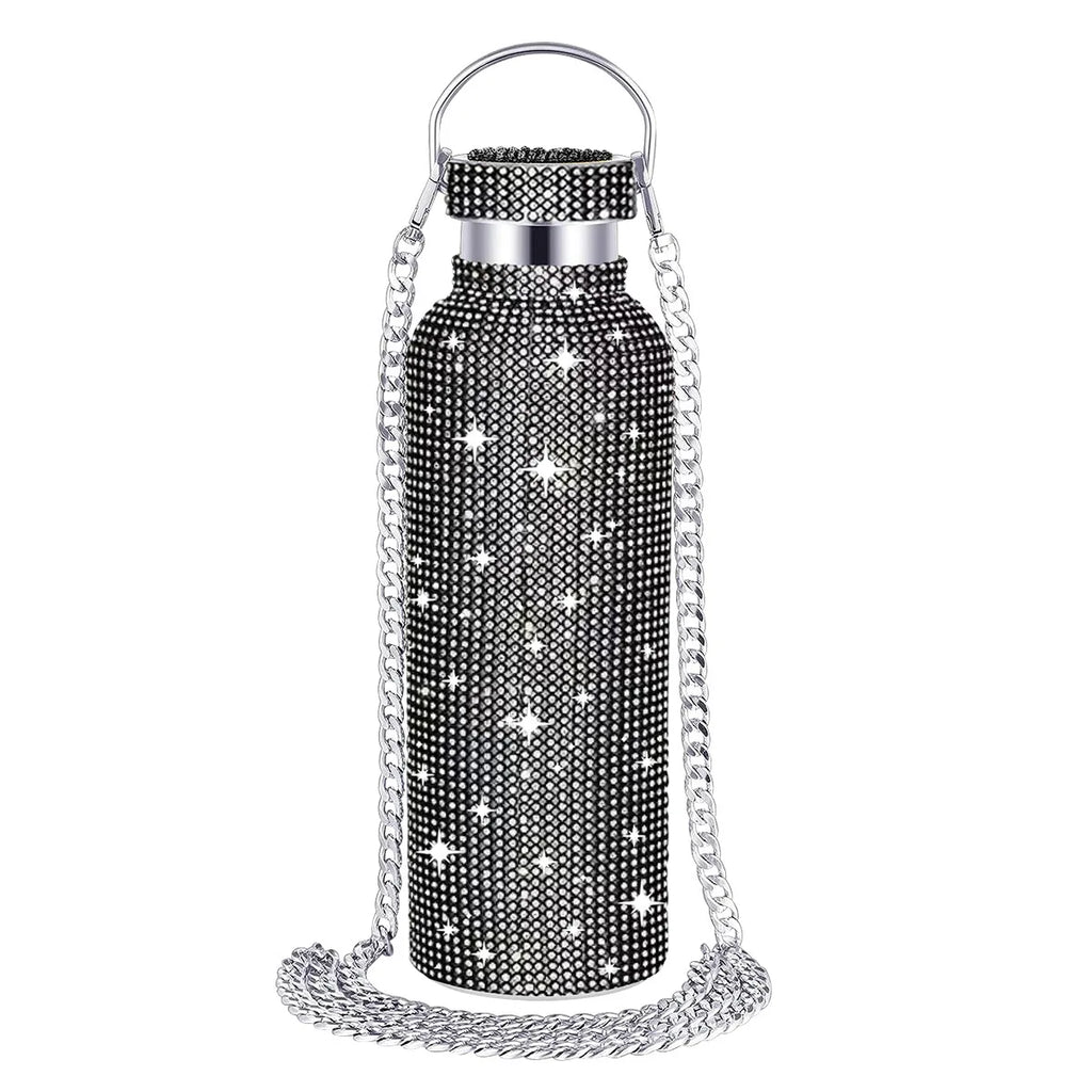 Diamond Studded Stainless Steel Insulated Shiny Insulated Water Bottle Fashion Party Detachable Crossbody Chain Women Gift